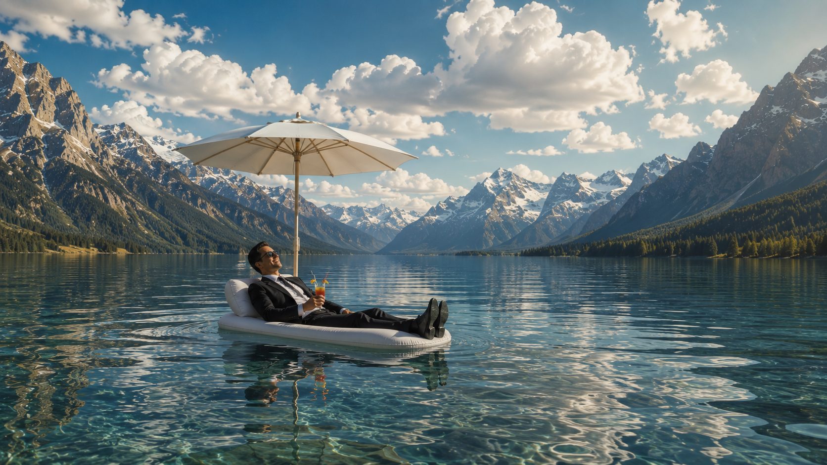 Man drijft ontspannen op het water met een cocktail