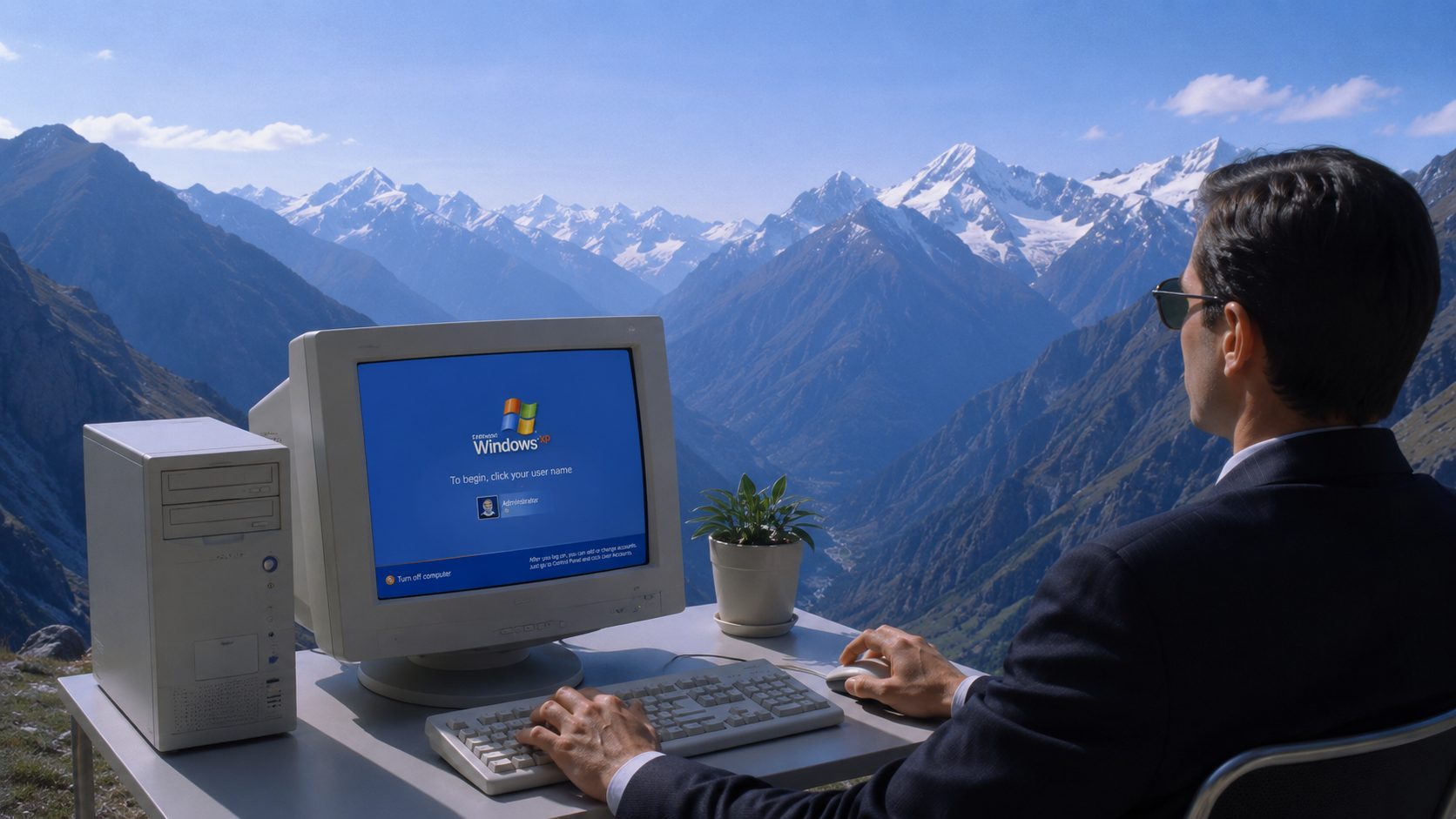 Werkplek met een computer uit 2005
